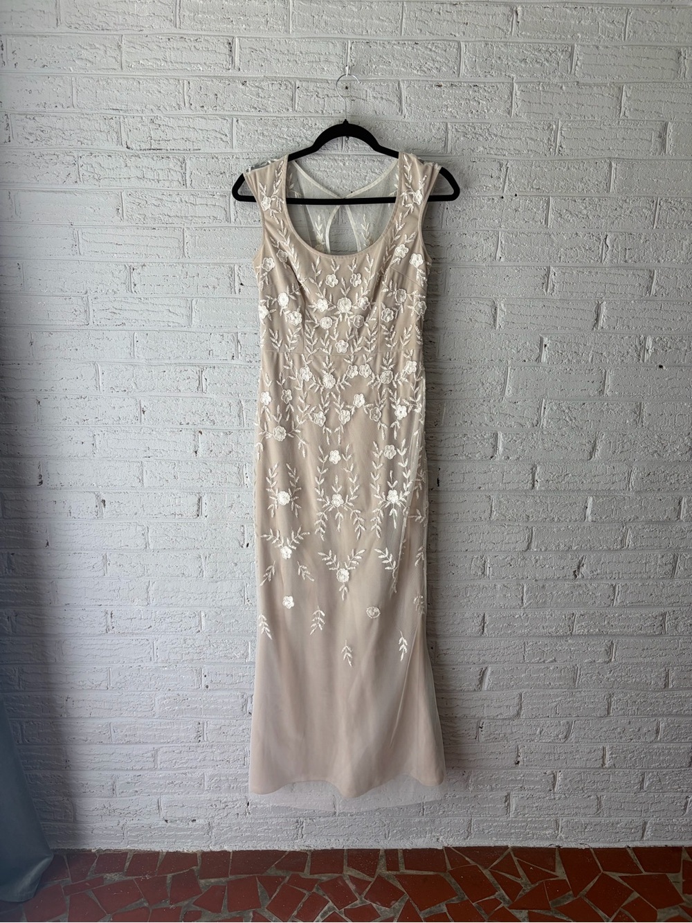 BHLDN Beige Maxi Dress with White Floral Embroidery